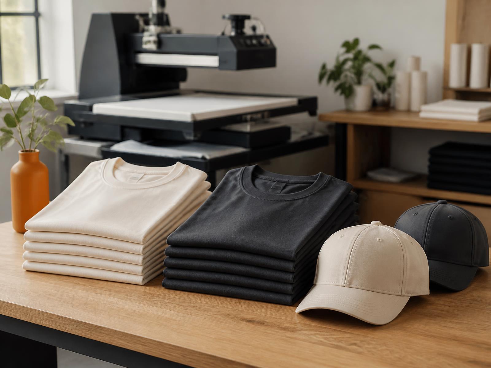 Folded blank t-shirts and caps beside a DTF heat press in a print shop